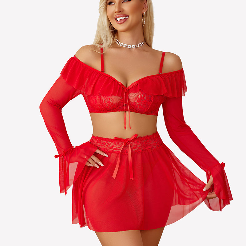 Off Shoulder Bra Panty Ruffle Skirts 3 Piece Sets