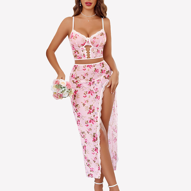 3 Pieces Set - Lace Long Nightgown with Side Split