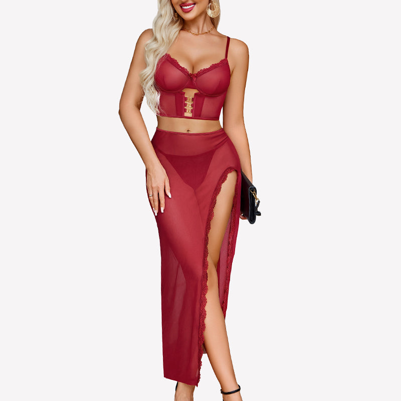 3 Pieces Set - Lace Long Nightgown with Side Split