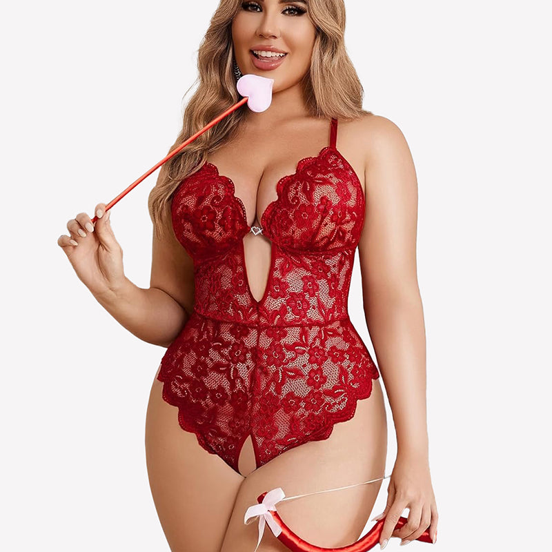 Plus Size Lace Crotchless Bodysuit