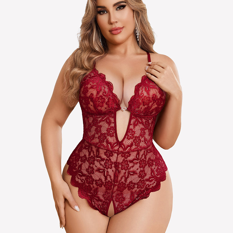 Plus Size Lace Crotchless Bodysuit
