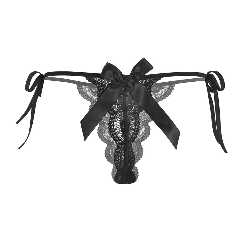 Floral Lace Tangas With Bow And Pearl