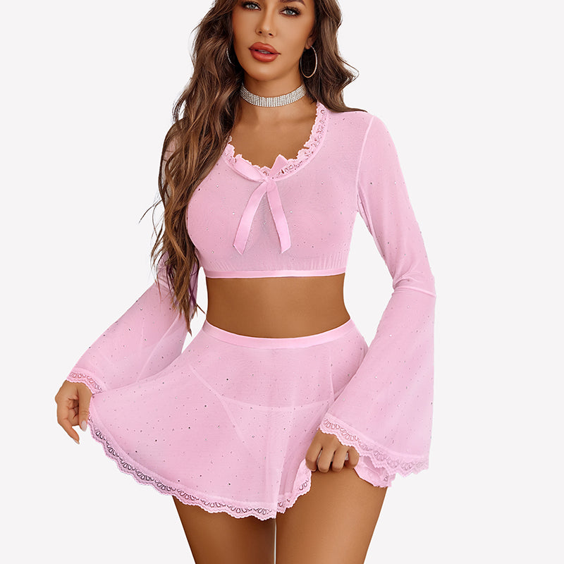 Sparkly Sheer Mesh 3 Piece Bell Sleeve Crop Top with Mini Skirt