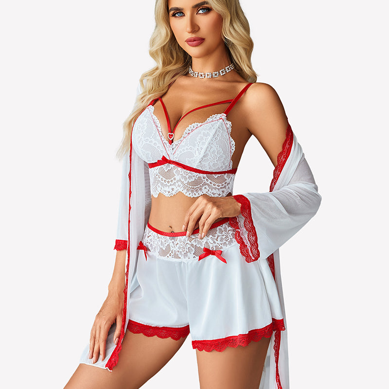 Lace Bra and Silk Satin Shorts with Mesh Robe