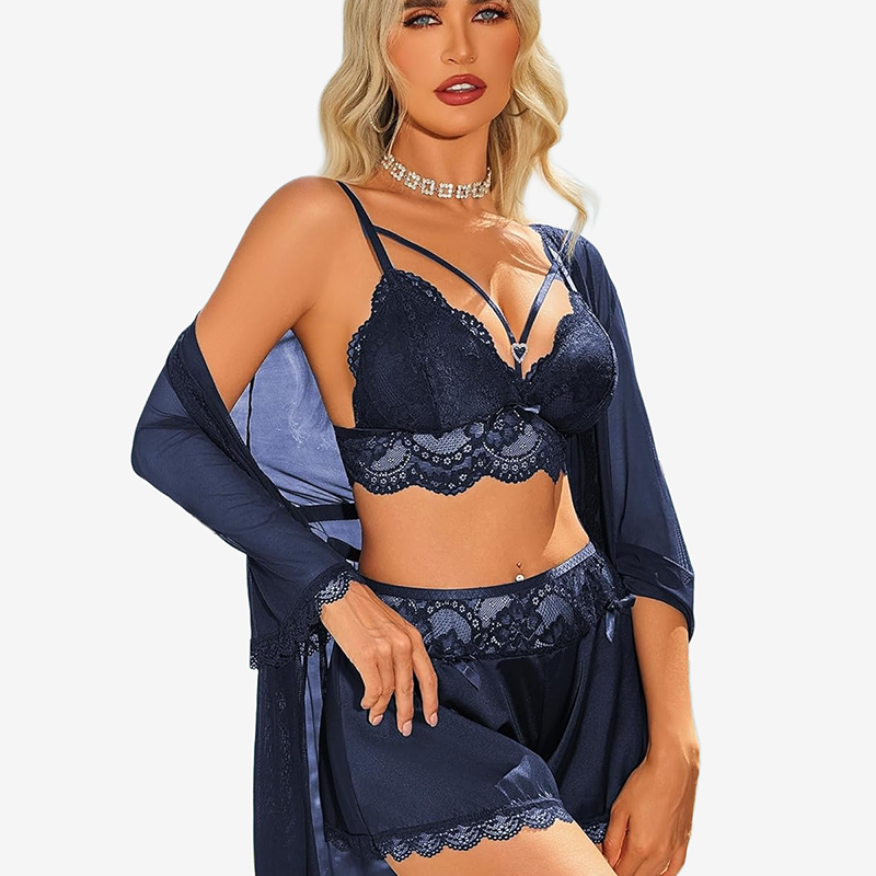 Lace Bra and Silk Satin Shorts with Mesh Robe