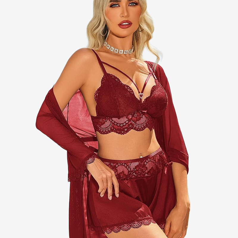Lace Bra and Silk Satin Shorts with Mesh Robe