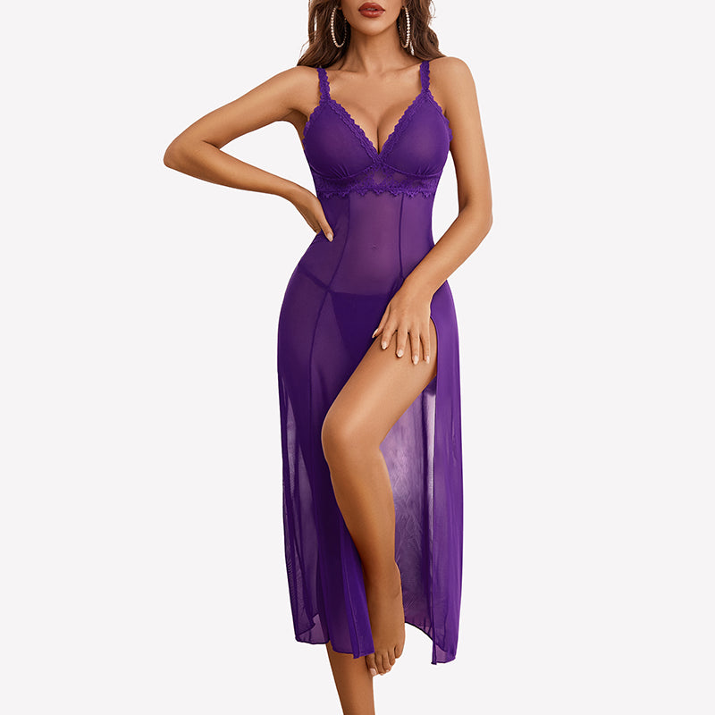 Split Mesh Lace Floral Dress with Thong Set