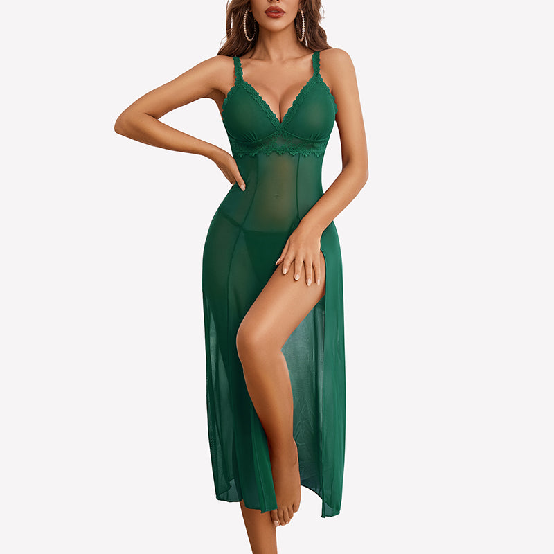 Split Mesh Lace Floral Dress with Thong Set