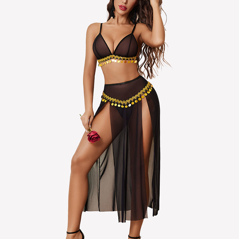 Mesh Sheer Bra Top Split Maxi Skirt Set