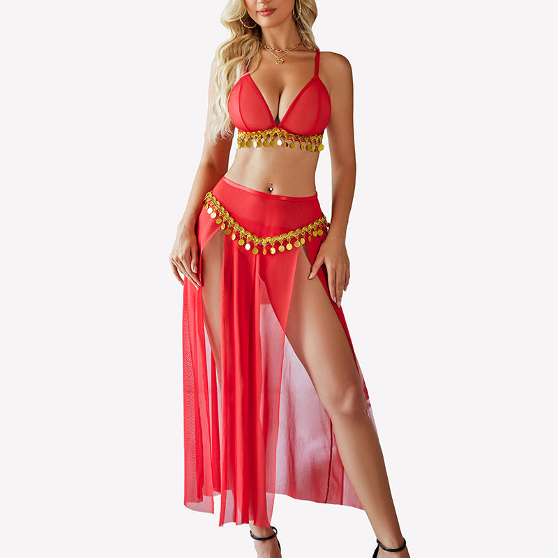 Mesh Sheer Bra Top Split Maxi Skirt Set
