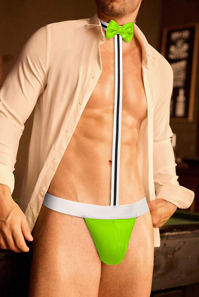 Men's low-rise neon green thong with green bow tie and white waistband band