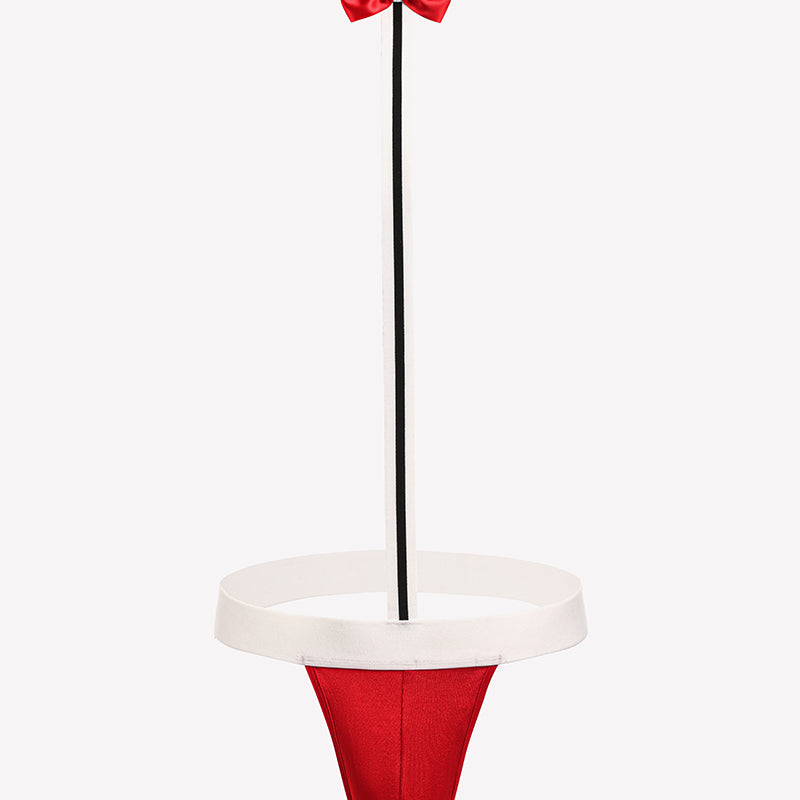 Men's low-rise red thong with matching bow tie and white waistband trim