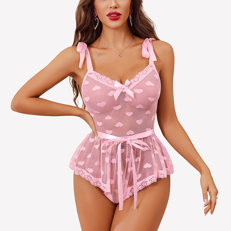 Heart Sheer Mesh Lace Bodysuit with Belt