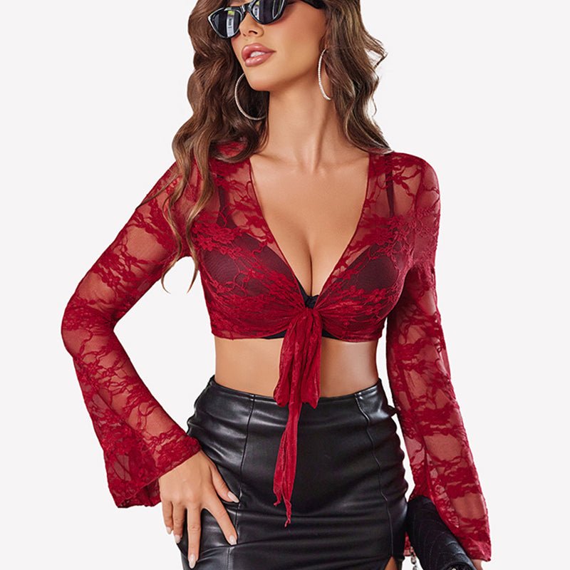 Crop Lace Shrug Bell Sleeve Tie Front Top