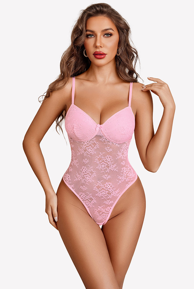 Pink lace bodysuit with deep V neckline and thin straps, snap crotch.