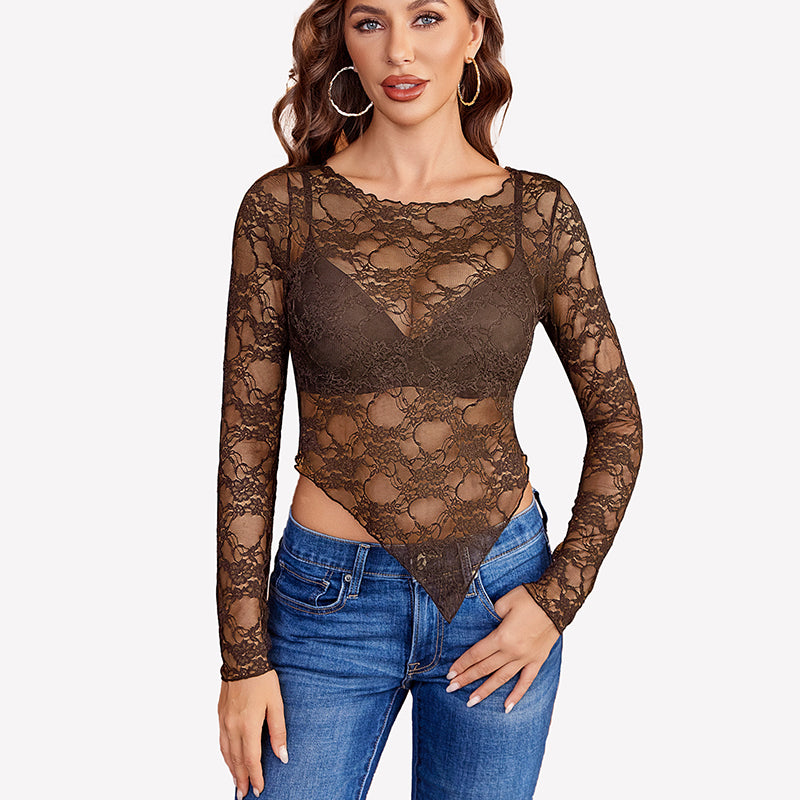 Mesh Tops Lace Long Sleeve Shirts