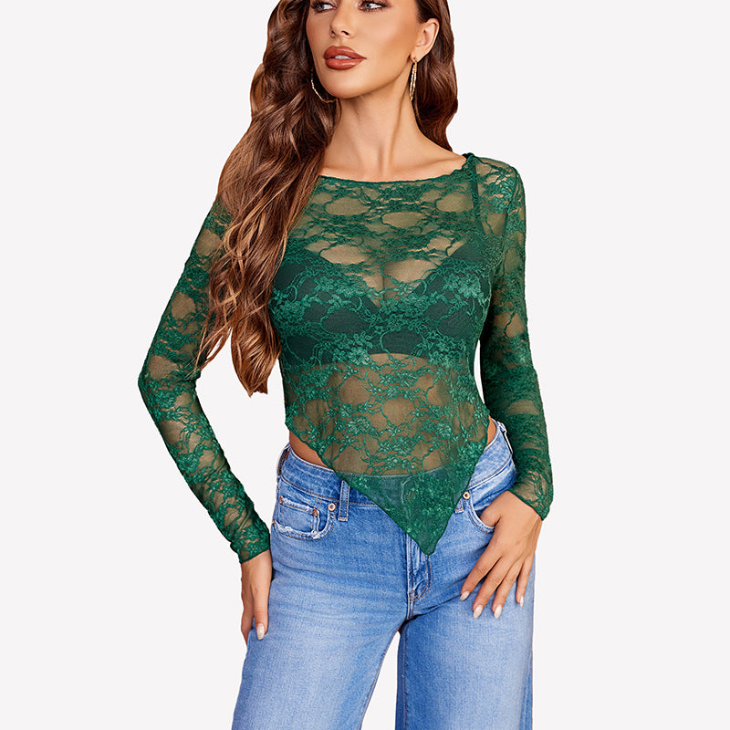 Mesh Tops Lace Long Sleeve Shirts