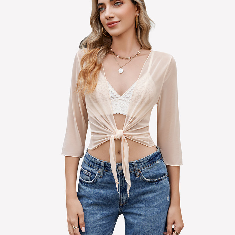 Tie Front Sheer Mesh Bolero Cardigan