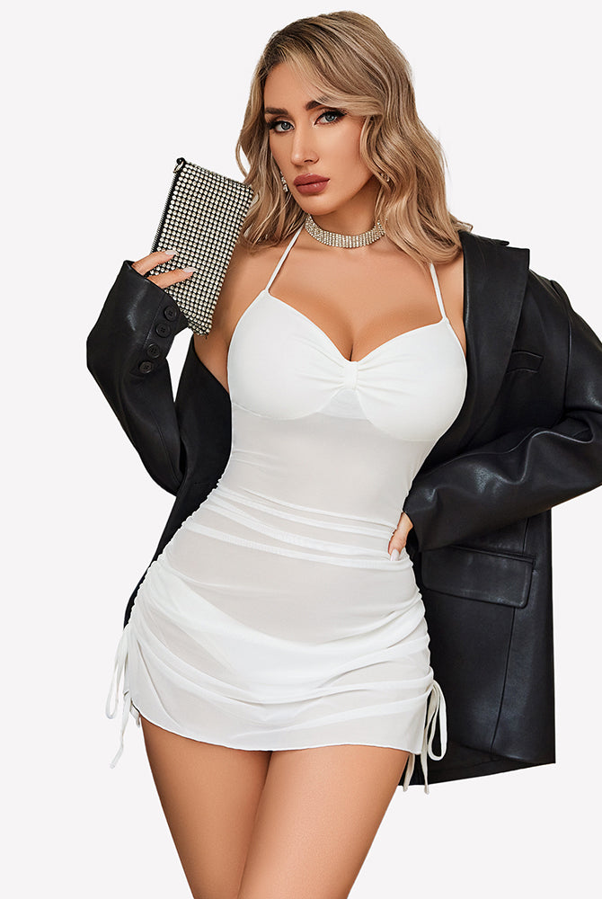 White mesh sleeveless ruched bodycon mini dress with halter neckline and drawstring side ties