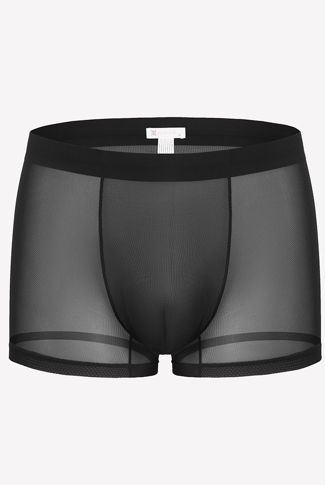 Men's mesh boxer briefs, black, breathable stretch trunk style with front panel