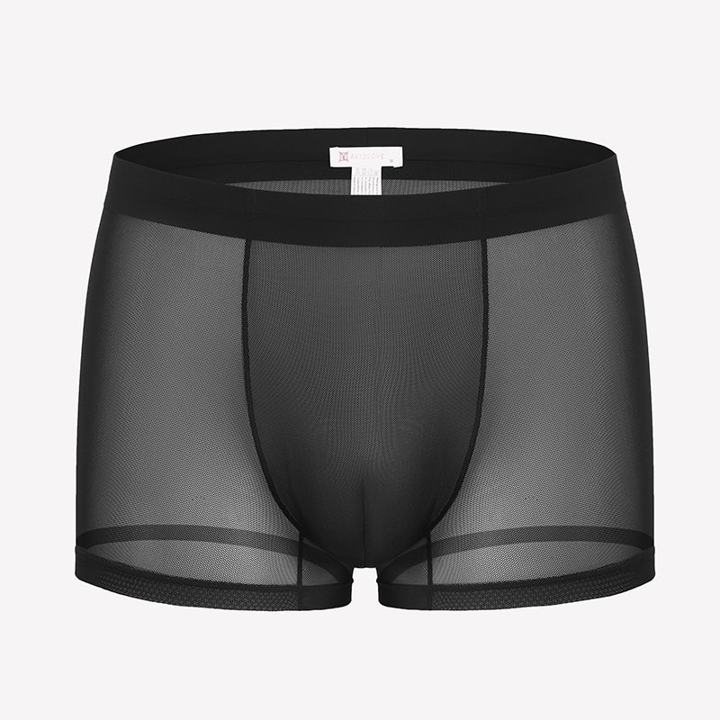 Men's mesh boxer briefs, black, breathable stretch trunk style with front panel