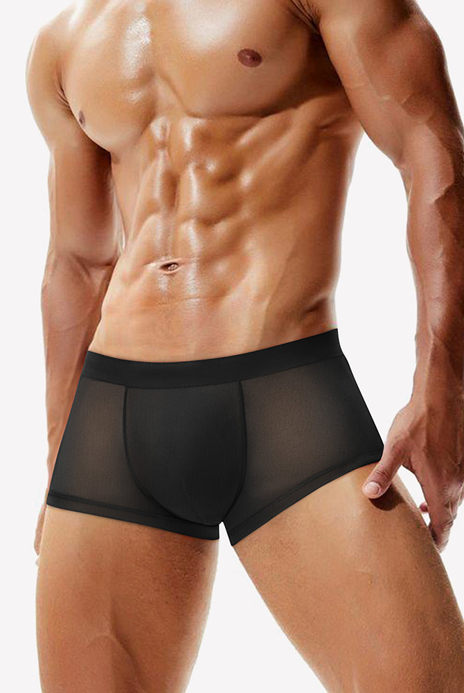 Men's mesh boxer briefs, black, breathable stretch trunk style on model