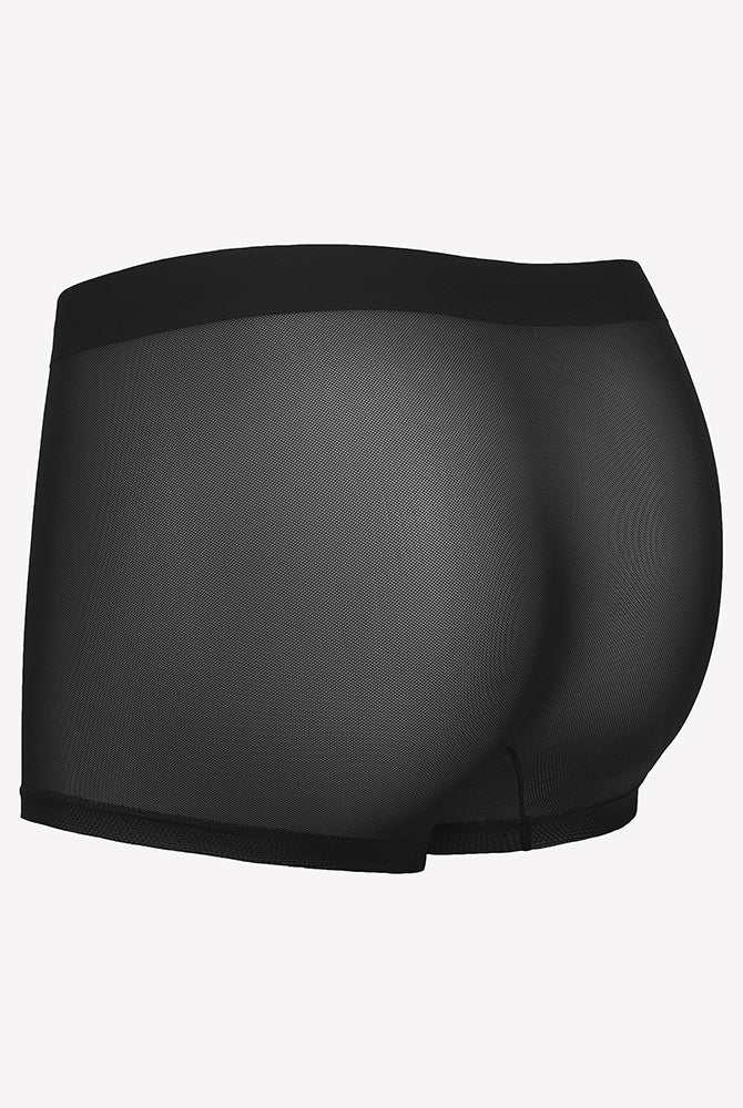 Men's mesh boxer briefs, black, back view with breathable sheer mesh fabric