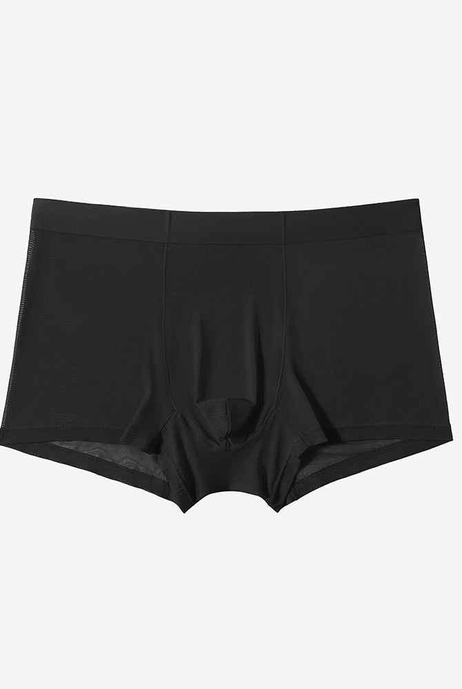 Black mesh boxer briefs with fitted waistband and center seam detail.