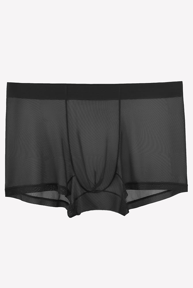 Black mesh boxer briefs laid flat, sheer front panel and contoured pouch.