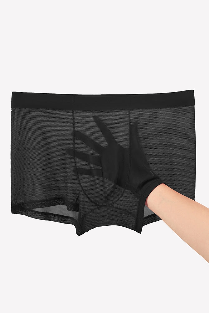 Black mesh boxer briefs with sheer side panels, held open by a hand.