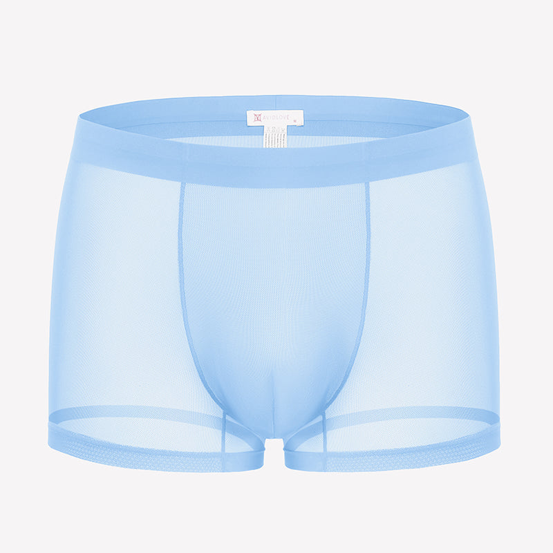 Men's mesh boxer briefs, light blue, breathable stretch trunk style with front panel