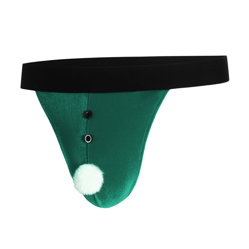 Green Santa thong g-string with black waistband and white pom-pom