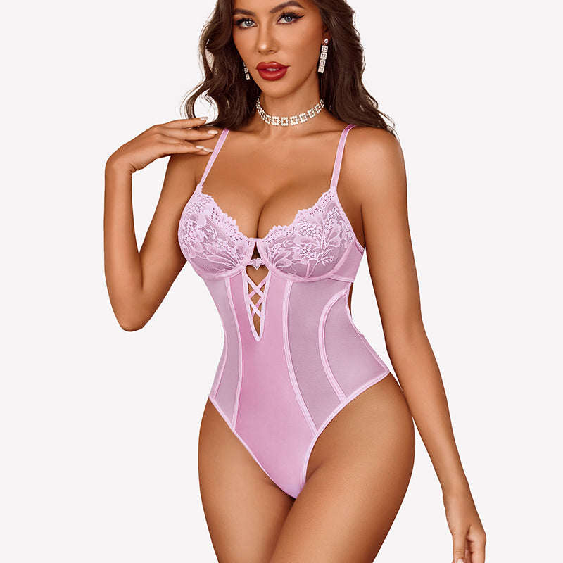 Deep V Lace Teddy Snap Crotch Bodysuit