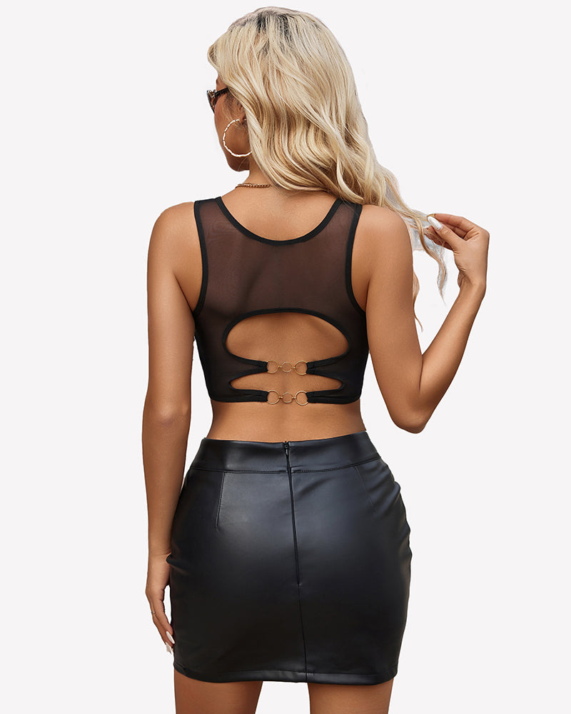 Black mesh camisole tank top with round neck, sheer back, and gold-ring cutout