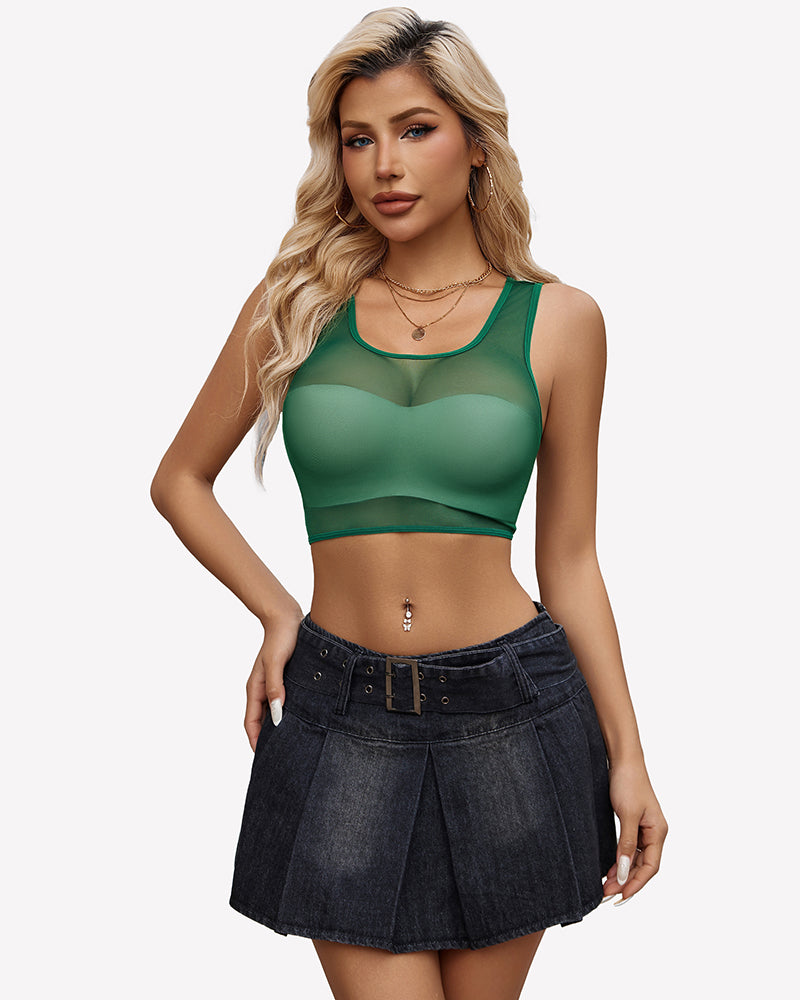 Green mesh camisole tank top with racer neck and sheer bust panel