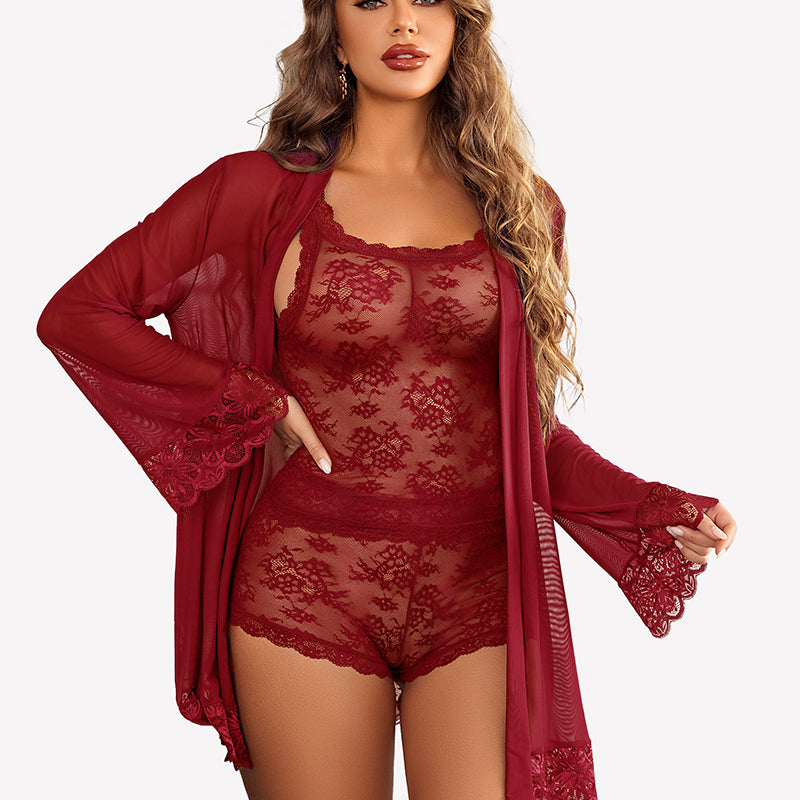 3 Piece Lingerie Set Floral Lace Cami with Robe
