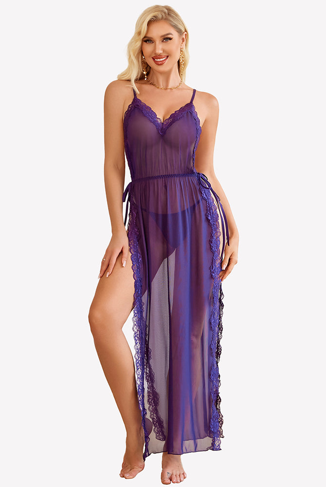 Purple lace mesh long nightdress with lace cups, drawstring waist, side split hem