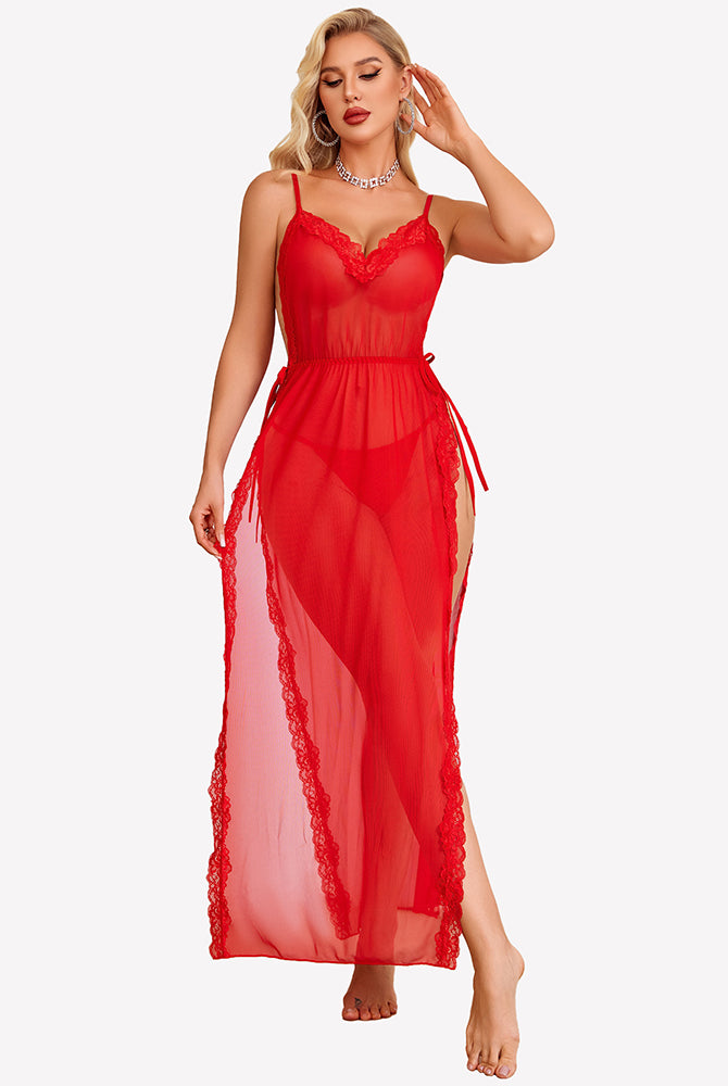 Red lace mesh long nightdress with scalloped lace trim and side split hem