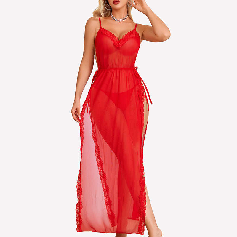 Red lace mesh long nightdress with scalloped lace trim and side split hem