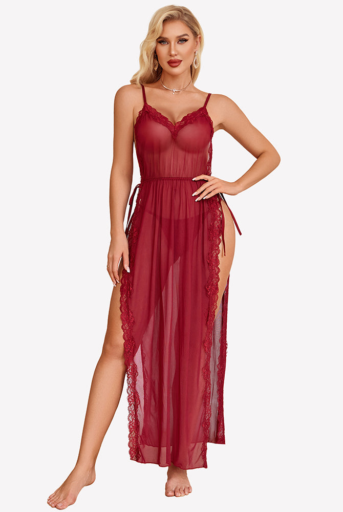 Red lace mesh long nightdress with lace trim and side split skirt panel
