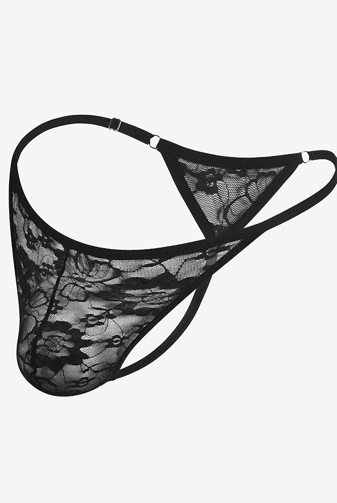 Black lace thong underwear with low-rise T-back and scalloped lace trim