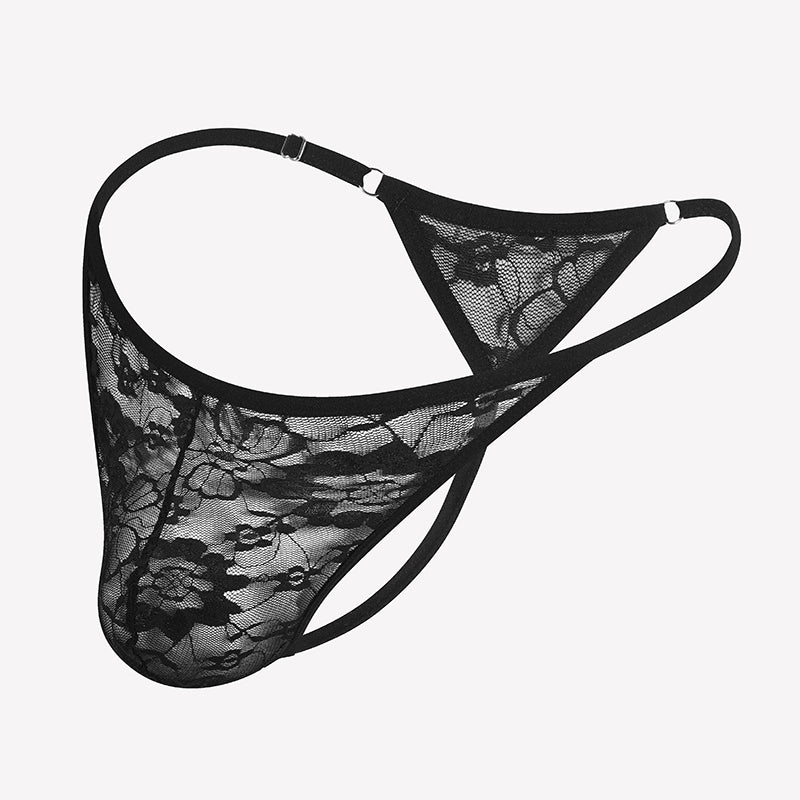 Black lace thong underwear with low-rise T-back and scalloped lace trim
