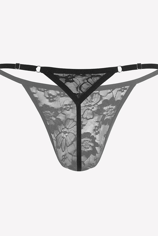 Black lace thong underwear with low-rise T-back and sheer floral lace front