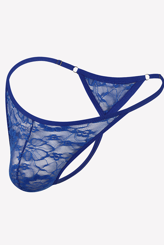 Blue lace thong underwear with low-rise T-back and scalloped lace trim