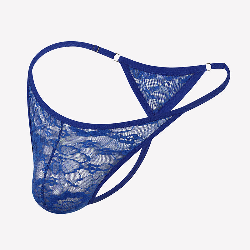 Blue lace thong underwear with low-rise T-back and scalloped lace trim
