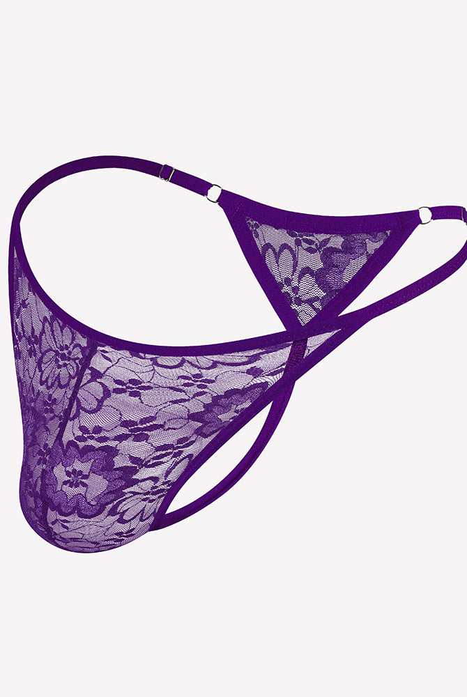 Purple lace thong underwear with low-rise T-back and scalloped lace trim
