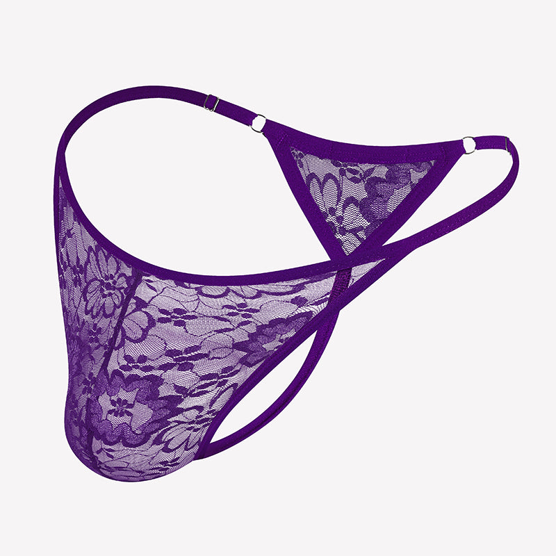 Purple lace thong underwear with low-rise T-back and scalloped lace trim