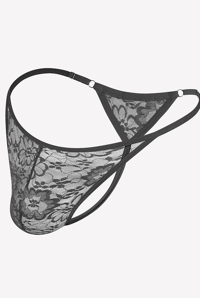Gray lace thong underwear with low-rise T-back and scalloped lace trim