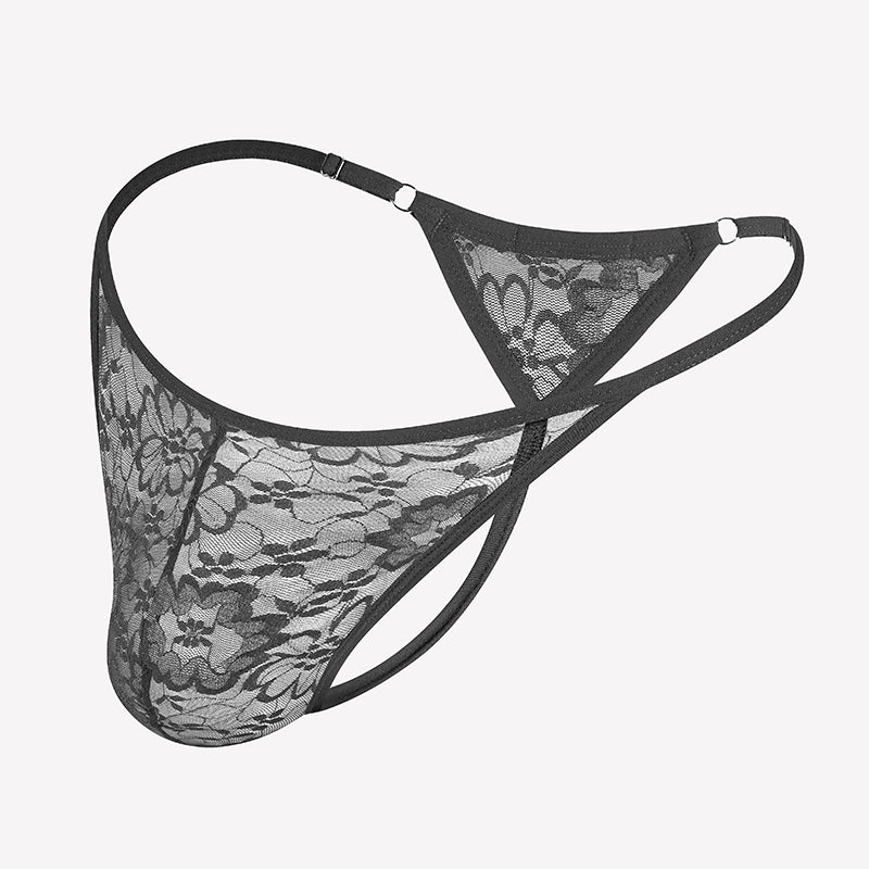 Gray lace thong underwear with low-rise T-back and scalloped lace trim