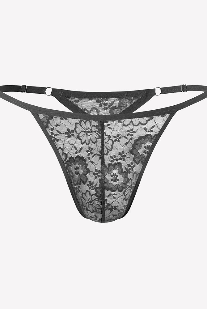 Men's lace thong underwear, low-rise T-back G-string in dark gray lace with floral print